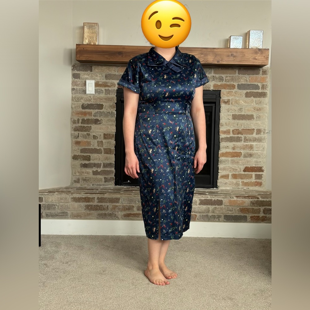 Tatyana Navy Blue Midi Dress with Floral Pattern